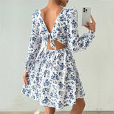 French Square Collar Elegant Dress  High Waist Backless Lace up Floral